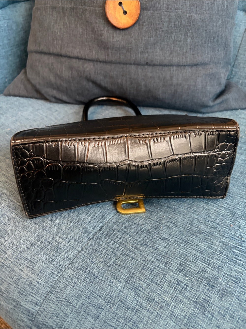 Black Croc-Embossed Mini Top Handle Bag with Gold 'B' - Picture 3 of 4